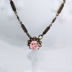 Victorian Brass Choker Necklace: Pink Porcelain Rose Flower