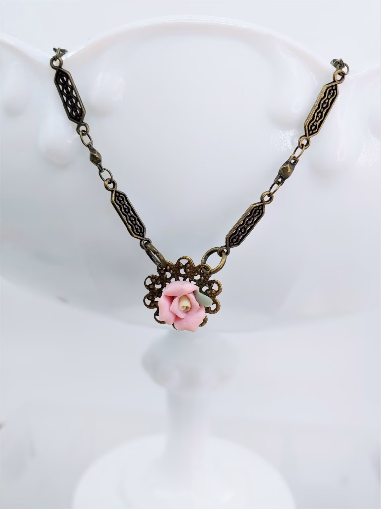 Victorian Brass Choker Necklace: Pink Porcelain Rose Flower