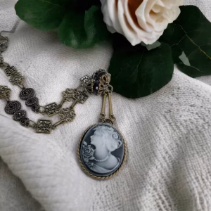 Victorian Lady Cameo Necklace: Handmade Dark Grey Pendant