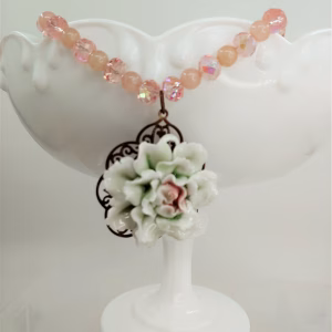 Victorian Peony Flower Pendant Necklace: Pink Porcelain, Antique Brass