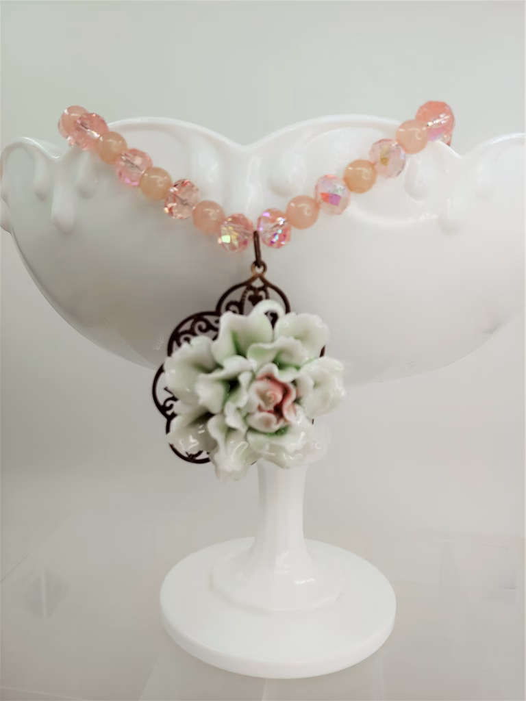 Victorian Peony Flower Pendant Necklace: Pink Porcelain, Antique Brass